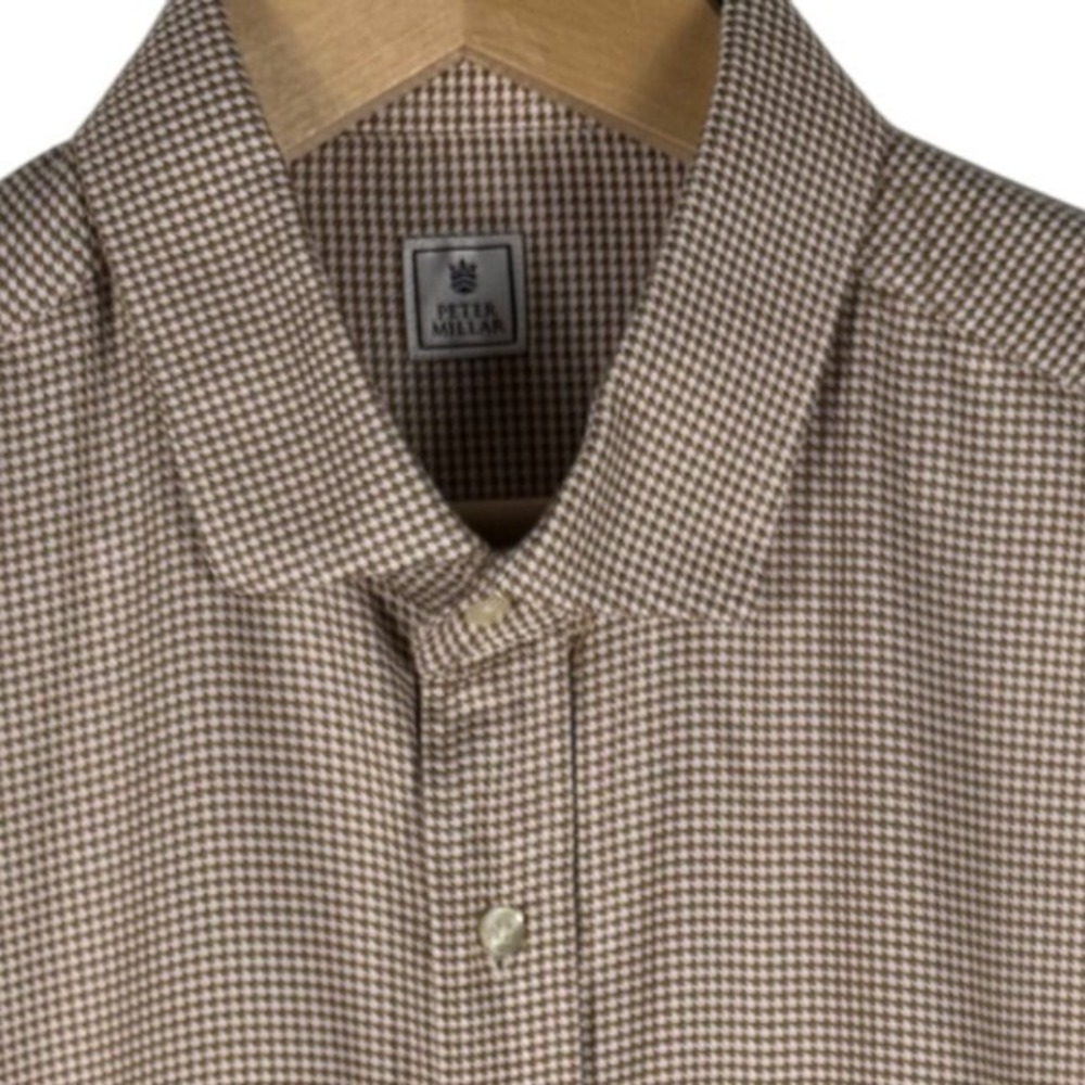 Peter Millar Micro Houndstooth Button Down Shirt Mens L Tan White Cotton READ